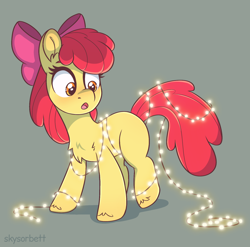 Size: 1692x1672 | Tagged: safe, artist:skysorbett, character:apple bloom, species:earth pony, species:pony, g4, apple family member, blank flank, bondage, bow, chest fluff, christmas, christmas lights, female, filly, foal, gray background, hair bow, holiday, lights, open mouth, signature, simple background, solo, standing, surprised, tangled up, text, unshorn fetlocks, young