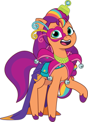 Size: 903x1245 | Tagged: safe, artist:prixy05, derpibooru original, character:sunny starscout, species:earth pony, species:pony, g5, my little pony: tell your tale, clothing, colored hooves, digital art, dress, female, hooves, looking at you, mane stripe sunny, mare, mask, open mouth, open smile, ponykind parade, ponykind parade-emonium, raised hoof, satchel, simple background, smiling, smiling at you, solo, transparent background, unshorn fetlocks, vector