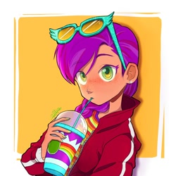 Size: 1080x1080 | Tagged: safe, artist:astrid545269, character:sunny starscout, species:earth pony, species:human, g5, blushing, bust, clothing, cute, drink, drinking, ear piercing, earring, equestria girls (g5), eyebrows, eyebrows visible through hair, female, freckles, glasses, jewelry, piercing, solo, straw, sunnybetes, sweater