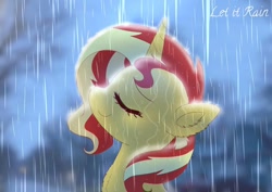 Size: 1600x1131 | Tagged: safe, artist:jaanhavi, character:sunset shimmer, species:pony, species:unicorn, g4, my little pony:equestria girls, bust, chest fluff, cute, eyes closed, female, mare, nose in the air, portrait, rain, shimmerbetes, smiling, solo, text