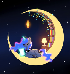 Size: 2131x2262 | Tagged: safe, artist:jaanhavi, character:princess luna, species:alicorn, species:pony, g4, book, bookshelf, crescent moon, cute, dreamworks, ethereal mane, eyes closed, female, galaxy mane, glowing, glowing horn, horn, lamp, lantern, levitation, library, lunabetes, magic, magic aura, mare, moon, night, solo, starry tail, stars, tail, tangible heavenly object, telekinesis