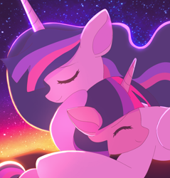 Size: 2204x2304 | Tagged: safe, artist:jaanhavi, character:twilight sparkle, character:twilight sparkle (alicorn), character:twilight sparkle (unicorn), species:alicorn, species:pony, species:unicorn, episode:the last problem, g4, my little pony: friendship is magic, cute, duality, ethereal mane, eyes closed, female, filly, filly twilight sparkle, foal, high res, hug, mare, older, older twilight, ponidox, princess twilight 2.0, profile, self paradox, self ponidox, twiabetes, young, younger