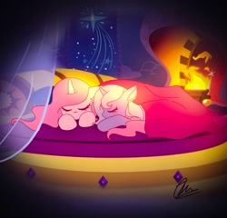 Size: 1530x1471 | Tagged: safe, artist:jaanhavi, character:princess celestia, character:princess luna, species:alicorn, species:pony, g4, bed, blanket, cewestia, cute, cutelestia, eyes closed, female, filly, filly celestia, filly luna, lunabetes, lying down, profile, prone, royal sisters, siblings, sisters, sleeping, woona, young, young celestia, younger