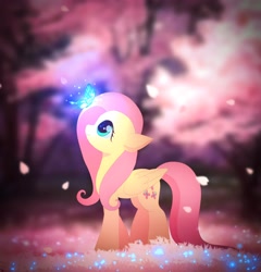 Size: 3928x4096 | Tagged: safe, artist:jaanhavi, character:fluttershy, species:pegasus, species:pony, g4, absurd resolution, butterfly, cute, female, floppy ears, flower petals, forest, long tail, looking up, mare, profile, shyabetes, solo, tail