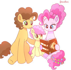 Size: 2439x2423 | Tagged: safe, artist:jaanhavi, character:cheese sandwich, character:li'l cheese, character:pinkie pie, species:earth pony, species:pony, ship:cheesepie, g4, alternate hairstyle, book, eye clipping through hair, family, father, father and child, father and son, female, high res, hoof hold, male, mare, mother, mother and child, mother and son, older, older pinkie pie, parent and child, shipping, signature, simple background, sitting, son, stallion, straight, trio, white background