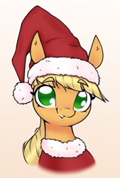 Size: 1335x1970 | Tagged: safe, artist:aquaticvibes, character:applejack, species:earth pony, species:pony, g4, apple family member, christmas, clothing, costume, cute, eyebrows, eyebrows visible through hair, female, freckles, hat, holiday, jackabetes, mare, portrait, santa costume, santa hat, simple background, smiling, solo