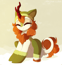 Size: 2809x2956 | Tagged: safe, artist:magnaluna, character:autumn blaze, species:kirin, episode:sounds of silence, g4, my little pony: friendship is magic, abstract background, awwtumn blaze, blushing, boots, cheek fluff, chest fluff, clothing, cute, dawwww, eyebrows, eyes closed, female, fluffy, happy, hat, heart, high res, hnnng, horn, kirinbetes, leg fluff, magnaluna is trying to murder us, precious, shoes, simple background, sitting, smiling, solo, tail fluff, underhoof, weapons-grade cute