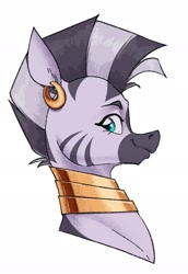 Size: 1408x2047 | Tagged: safe, artist:aquaticvibes, character:zecora, species:zebra, g4, ear piercing, earring, female, jewelry, looking sideways at you, mohawk, neck rings, piercing, portrait, profile, simple background, smiling, solo, white background