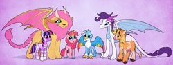 Size: 4000x1507 | Tagged: safe, artist:incendiaryboobs, character:applejack, character:fluttershy, character:pinkie pie, character:rainbow dash, character:rarity, character:twilight sparkle, species:cow, species:dragon, species:griffon, species:kirin, species:zebra, g4, apple family member, mane six, manticore, species swap