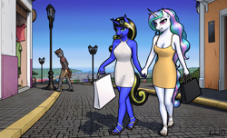 Size: 1529x930 | Tagged: safe, artist:apocheck13, character:princess celestia, oc, oc:destiny light, species:alicorn, species:anthro, species:earth pony, species:plantigrade anthro, species:pony, species:unicorn, g4, bags, breasts, busty princess celestia, canon x oc, city, cleavage, clothing, commission, day, dress, duo focus, explicit source, female, holding hands, horn, lesbian, male, mare, married couple, ocean, open mouth, sandals, scenery, shipping, shirt, shoes, shorts, sky, stallion, street, sunglasses, t-shirt, water