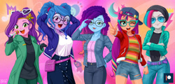 Size: 1633x787 | Tagged: safe, artist:uotapo, character:izzy moonbow, character:misty brightdawn, character:pipp petals, character:sunny starscout, character:zipp storm, species:eqg human, species:human, g5, my little pony: make your mark, my little pony: tell your tale, cornrows, equestria girls (g5), equestria girls-ified, female, g5 to equestria girls, generation leap, glasses, gradient hair, group, microphone, multicolored hair, one eye closed, open mouth, open smile, patreon, patreon logo, pipp wings, quintet, rebirth misty, smiling, species swap, wink