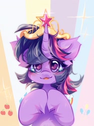 Size: 1919x2560 | Tagged: safe, artist:vanilla-chan, character:twilight sparkle, character:twilight sparkle (unicorn), species:pony, species:unicorn, g4, applejack's cutie mark, big crown thingy, crown, crylight sparkle, cute, element of magic, eye clipping through hair, eyebrows, eyebrows visible through hair, female, floppy ears, high res, hooves together, horn, jewelry, looking at you, mare, pinkie pie's cutie mark, rainbow dash's cutie mark, rarity's cutie mark, regalia, smiling, smiling at you, solo, sparkles, sparkly eyes, teary eyes, twiabetes, wingding eyes