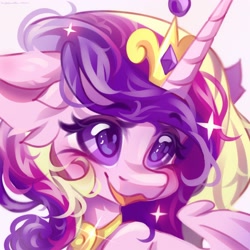 Size: 2560x2560 | Tagged: safe, artist:vanilla-chan, character:princess cadance, species:alicorn, species:pony, g4, blushing, bust, crown, cute, cutedance, ear fluff, eyebrows, eyebrows visible through hair, female, high res, horn, jewelry, mare, open mouth, open smile, regalia, simple background, smiling, solo, sparkles, white background, wings