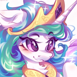 Size: 2560x2560 | Tagged: safe, artist:vanilla-chan, character:princess celestia, species:alicorn, species:pony, g4, blushing, bust, chest fluff, crown, cute, cutelestia, ear fluff, eyebrows, eyebrows visible through hair, female, high res, horn, jewelry, mare, necklace, peytral, regalia, simple background, smiling, solo, sparkles, white background