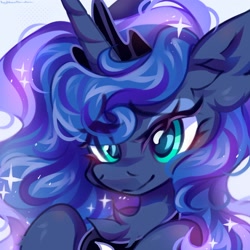 Size: 2560x2560 | Tagged: safe, artist:vanilla-chan, character:princess luna, species:alicorn, species:pony, g4, blushing, bust, chest fluff, crown, cute, ear fluff, eye clipping through hair, eyebrows, eyebrows visible through hair, female, high res, horn, jewelry, lunabetes, mare, regalia, simple background, smiling, solo, sparkles, white background