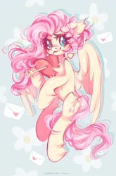 Size: 1690x2560 | Tagged: safe, artist:vanilla-chan, character:fluttershy, species:pegasus, species:pony, episode:hearts and hooves day, g4, my little pony: friendship is magic, arrow, blushing, cute, female, heart, high res, letter, looking at you, love letter, mare, partially open wings, shyabetes, smiling, smiling at you, solo, wings
