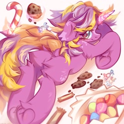 Size: 2159x2160 | Tagged: safe, artist:vanilla-chan, oc, oc only, oc:somber sorbet, species:pony, species:unicorn, butt, candy, candy cane, christmas, cookie, eye clipping through hair, eyebrows, eyebrows visible through hair, female, food, frog (hoof), glowing horn, high res, holiday, hooves, horn, levitation, looking at you, looking back, looking back at you, lying down, magic, magic aura, mare, plot, prone, smiling, smiling at you, solo, sparkles, telekinesis, underhoof, unicorn oc