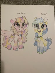 Size: 1536x2048 | Tagged: safe, artist:swirlmlp69768, part of a set, oc, oc only, oc:petal twinkle, oc:two step, species:auroricorn, species:pegasus, species:pony, g5, my little pony: make your mark, my little pony: tell your tale, auroricorn oc, clothing, colored eyebrows, colored hooves, colored pencil drawing, cute, eyebrows, hooves, jewelry, looking at you, necklace, ocbetes, open mouth, open smile, pegasus oc, smiling, smiling at you, socks, solo, starry eyes, traditional art, unshorn fetlocks, wingding eyes