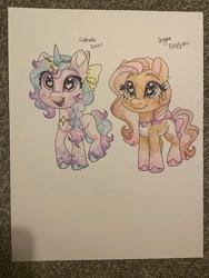 Size: 1536x2048 | Tagged: safe, artist:swirlmlp69768, part of a set, oc, oc only, oc:cupcake swirl, oc:sugar blossom, species:auroricorn, species:pony, g5, my little pony: make your mark, my little pony: tell your tale, auroricorn oc, bow, coat markings, colored eyebrows, colored hooves, colored pencil drawing, cute, eyebrows, hair bow, hooves, jewelry, looking at you, necklace, ocbetes, open mouth, open smile, smiling, smiling at you, socks (coat marking), solo, tail, tail bow, traditional art, unshorn fetlocks