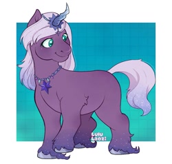 Size: 1165x1110 | Tagged: safe, artist:lululaozi, character:violet frost, species:auroricorn, species:pony, episode:secrets of starlight, g5, my little pony: make your mark, my little pony: make your mark chapter 6, chubby, colored hooves, cute, female, gradient background, hooves, horn, jewelry, mare, necklace, passepartout, raised hoof, signature, simple background, smiling, solo, tail, three quarter view, unshorn fetlocks