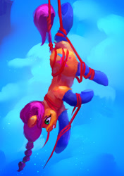 Size: 1057x1501 | Tagged: safe, artist:itssim, character:sunny starscout, species:earth pony, species:pony, g5, bondage, braid, butt, clothing, eyebrows, female, fluffy, hanging, hanging upside down, mare, plot, ribbon, socks, solo, tangled up, unsexy bondage, upside down