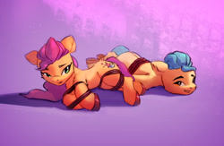 Size: 3238x2106 | Tagged: safe, artist:itssim, character:hitch trailblazer, character:sunny starscout, species:earth pony, species:pony, g5, bondage, duo, duo male and female, eyebrows, female, high res, lying down, male, mare, prone, rope bondage, scene interpretation, stallion, tied up, unsexy bondage, unshorn fetlocks
