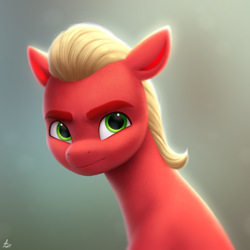 Size: 2000x2000 | Tagged: safe, artist:luminousdazzle, character:sprout, species:earth pony, species:pony, g5, my little pony: a new generation, my little pony: make your mark, bust, colored eyebrows, eyebrows, frown, green eyes, looking at you, male, portrait, semi-realistic, signature, solo, stallion