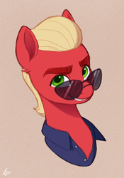 Size: 700x1000 | Tagged: safe, artist:luminousdazzle, character:sprout, species:earth pony, species:pony, g5, my little pony: a new generation, my little pony: make your mark, bust, clothing, colored eyebrows, eyebrows, green eyes, grin, looking at you, male, police officer, police uniform, portrait, smiling, smiling at you, solo, stallion, sunglasses