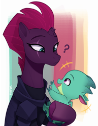Size: 2941x3802 | Tagged: safe, artist:maren, character:fizzlepop berrytwist, character:sparky sparkeroni, character:tempest shadow, species:dragon, species:pony, species:unicorn, g4, g5, my little pony: make your mark, my little pony: tell your tale, my little pony: the movie (2017), baby, baby dragon, colored hooves, cute, duo, duo male and female, emanata, female, holding a dragon, hooves, male, mare, open mouth, open smile, profile, question mark, reaching, signature, smiling, sparkybetes, sternocleidomastoid, tempestbetes, three quarter view, unshorn fetlocks