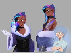 Size: 2515x1879 | Tagged: safe, artist:aztrial, character:allura, character:twitch, species:human, g5, alternate hairstyle, backless, bucktooth, choker, clothing, coat, dark skin, duo, ear piercing, earring, evening gloves, female, gloves, gray background, humanized, jewelry, long gloves, male, necklace, open mouth, open-back sweater, piercing, shirt, simple background, sleeveless, sleeveless sweater, species swap, sweater, tattoo, virgin killer sweater