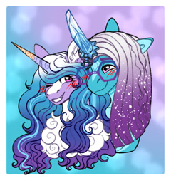 Size: 1920x2000 | Tagged: safe, artist:malinraf1615, character:comet, character:izzy moonbow, species:auroricorn, species:pony, species:unicorn, ship:mooncomet, g5, abstract background, blush lines, blushing, bust, colored eyebrows, cometbetes, cute, duo, eyebrows, eyebrows visible through hair, female, glasses, gradient hair, izzybetes, looking at each other, looking at someone, male, mare, multicolored hair, shipping, stallion, straight