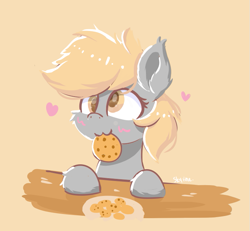 Size: 721x665 | Tagged: safe, artist:skylinepony_, character:derpy hooves, species:pegasus, species:pony, g4, :3, blushing, bust, cookie, cute, derp, derpabetes, eating, female, food, heart, holding, mare, mouth hold, nom, portrait, simple background, smiling, solo