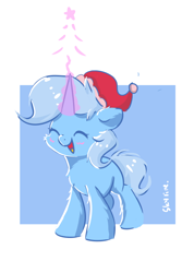 Size: 566x795 | Tagged: safe, artist:skylinepony_, character:trixie, species:pony, species:unicorn, g4, blushing, christmas, clothing, cute, diatrixes, eyes closed, female, glowing horn, hat, holiday, horn, magic, magic aura, mare, open mouth, open smile, santa hat, smiling, solo