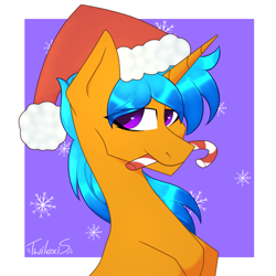 Size: 700x700 | Tagged: safe, artist:twilexis, oc, oc only, oc:solar wave, species:pony, species:unicorn, candy, candy cane, christmas, christmas hat, food, hearth's warming, holiday, purple eyes, simple background, smiling, snow, snowflake, ych result