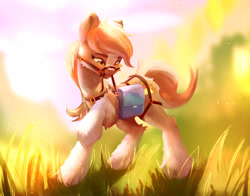 Size: 2867x2245 | Tagged: safe, artist:itssim, oc, oc only, species:earth pony, species:pony, bag, bridle, commission, earth pony oc, female, fluffy, grass, harness, high res, holding, mare, mouth hold, outdoors, raised hoof, saddle bag, solo, tack