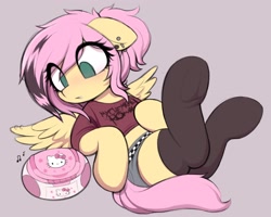 Size: 1826x1462 | Tagged: safe, artist:moozua, character:fluttershy, species:pegasus, species:pony, g4, alternate hairstyle, clothing, cute, ear piercing, earring, emo, emoshy, eye clipping through hair, female, floppy ears, hello kitty, jewelry, mare, midriff, miniskirt, music notes, my chemical romance, piercing, sanrio, scene hair, scene kid, shirt, short hair, shyabetes, simple background, skirt, socks, solo, spread wings, stereo, thigh highs, underwear, wing piercing, wings