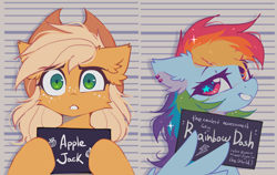 Size: 3000x1900 | Tagged: safe, artist:mirtash, character:applejack, character:rainbow dash, species:earth pony, species:pegasus, species:pony, ship:appledash, g4, apple family member, applejack's hat, barbie mugshot meme, bust, cheek fluff, clothing, cowboy hat, duo, duo female, ear fluff, ear piercing, eyebrows, female, freckles, frown, hat, high res, hoof hold, jewelry, lesbian, lidded eyes, looking at you, mare, meme, mugshot, piercing, shipping, shrunken pupils, smiling, smiling at you, starry eyes, stetson, vulgar, wing hold, wingding eyes, wings