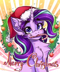 Size: 1400x1689 | Tagged: safe, artist:falafeljake, character:starlight glimmer, species:pony, species:unicorn, g4, blush lines, blushing, candy, candy cane, chest fluff, christmas, christmas wreath, clothing, cute, ear fluff, eyebrows, eyebrows visible through hair, female, fluffy, food, glimmerbetes, hat, holding, holiday, horn, looking at you, mare, merry christmas, mouth hold, santa hat, sitting, smiling, smiling at you, solo, wreath