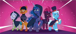 Size: 4092x1833 | Tagged: safe, artist:prixy05, derpibooru original, idw, character:capper dapperpaws, character:fizzlepop berrytwist, character:princess luna, character:stygian, character:tempest shadow, character:trixie, species:abyssinian, species:alicorn, species:pony, species:unicorn, g4, g5, my little pony: tell your tale, my little pony: the movie (2017), spoiler:comic, cat, colored hooves, disguise, female, g4 to g5, generation leap, hooves, maelstrom shade, male, mare, nightmare knights, pink background, raised hoof, simple background, stallion, starry night terror, the alley cat, the dark horse, the great and powerful roxy, unshorn fetlocks