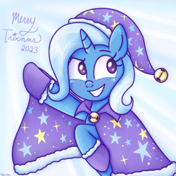 Size: 1000x1000 | Tagged: safe, artist:felicitea, character:trixie, species:pony, species:unicorn, g4, boots, cape, christmas, clothing, hat, hearth's warming, holiday, jingle bells, santa hat, shoes, trixie's cape, trixie's hat, wizard hat