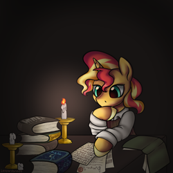 Size: 3000x3000 | Tagged: safe, artist:leopardsnaps, character:sunset shimmer, species:pony, species:unicorn, g4, my little pony:equestria girls, book, candle, clothing, dramatic lighting, hoof on chin, hooves, manechat secret santa 2023, paper, reading, secret santa, solo, studying, thinking, vest