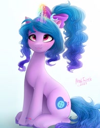 Size: 1074x1368 | Tagged: safe, artist:petaltwinkle, character:izzy moonbow, species:pony, species:unicorn, g5, alternate hairstyle, bow, bracelet, colored eyebrows, colored hooves, cute, eyebrows, female, friendship bracelet, glowing horn, gradient background, gradient hair, hair bow, hooves, horn, izzybetes, jewelry, looking up, magic, magic aura, mare, multicolored hair, ponytail, signature, sitting, smiling, solo, unshorn fetlocks