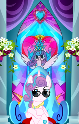 Size: 2599x4096 | Tagged: safe, artist:gaiusmaximiliano, derpibooru original, character:princess flurry heart, species:alicorn, species:pony, episode:the last problem, g4, my little pony: friendship is magic, chair, crossed hooves, cute, female, flurrybetes, jewelry, mare, necklace, older, older flurry heart, sitting, stained glass, sunglasses, swag, throne