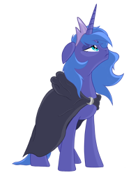 Size: 3072x4096 | Tagged: safe, artist:gaiusmaximiliano, derpibooru original, character:princess luna, species:alicorn, species:pony, g4, cloak, clothing, crown, ears back, female, floppy ears, frown, full body, high res, hooves, horn, jewelry, lidded eyes, looking up, mare, profile, regalia, s1 luna, sad, simple background, solo, standing, transparent background
