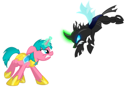 Size: 3337x2335 | Tagged: safe, artist:gaiusmaximiliano, oc, oc only, oc:lily glamerspear, species:changeling, species:pony, species:unicorn, fanfic:everyday life with guardsmares, angry, armor, changeling oc, digital art, duo, everyday life with guardsmares, eye contact, female, fight, flying, frown, glowing, glowing horn, gritted teeth, guard, guardsmare, high res, horn, insect wings, looking at each other, looking at someone, magic, magic aura, mare, non-pony oc, profile, royal guard, simple background, spread wings, teeth, transparent background, unicorn oc, vector, wings