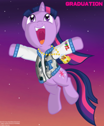 Size: 3126x3796 | Tagged: safe, artist:gaiusmaximiliano, character:twilight sparkle, character:twilight sparkle (unicorn), species:pony, species:unicorn, g4, album cover, clothing, female, hip hop, jacket, jumping, kanye west, looking up, mare, open mouth, open smile, parody, poster, rapper, smiling, text