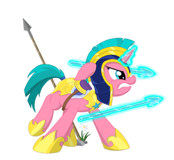 Size: 3900x3600 | Tagged: safe, artist:gaiusmaximiliano, derpibooru original, oc, oc only, oc:lily glamerspear, species:pony, species:unicorn, fanfic:everyday life with guardsmares, angry, armor, armored pony, female, floppy ears, flower, frown, glowing, glowing horn, guard, guardsmare, helmet, horn, lily (flower), magic, magic aura, mare, plant, profile, redraw, royal guard, simple background, solo, spear, teeth, telekinesis, transparent background, unicorn oc, weapon