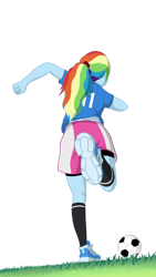 Size: 1440x2560 | Tagged: safe, artist:gaiusmaximiliano, derpibooru original, character:rainbow dash, species:eqg human, species:human, g4, my little pony:equestria girls, ball, clothing, equestria girls 10th anniversary, football, jersey, kicking, ponytail, rear view, simple background, soccer field, socks, solo, sports, toy, transparent background