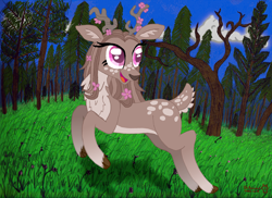 Size: 7008x5100 | Tagged: safe, artist:romulus4444, oc, oc only, oc:daisy petals, species:deer, cloud, flower, flower in hair, forest, forest background, grass, leaping, manechat, meadow, pine forest, secret santa, shadow, signature, smiling, solo, tree