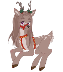 Size: 1920x2176 | Tagged: safe, artist:ruruko_01, oc, oc only, oc:daisy petals, species:deer, antlers, bell collar, chest fluff, christmas, cloven hooves, collar, deer oc, ear fluff, freckles, harness, holiday, hooves, long mane, mistletoe, non-pony oc, reins, solo, tack, tail fluff